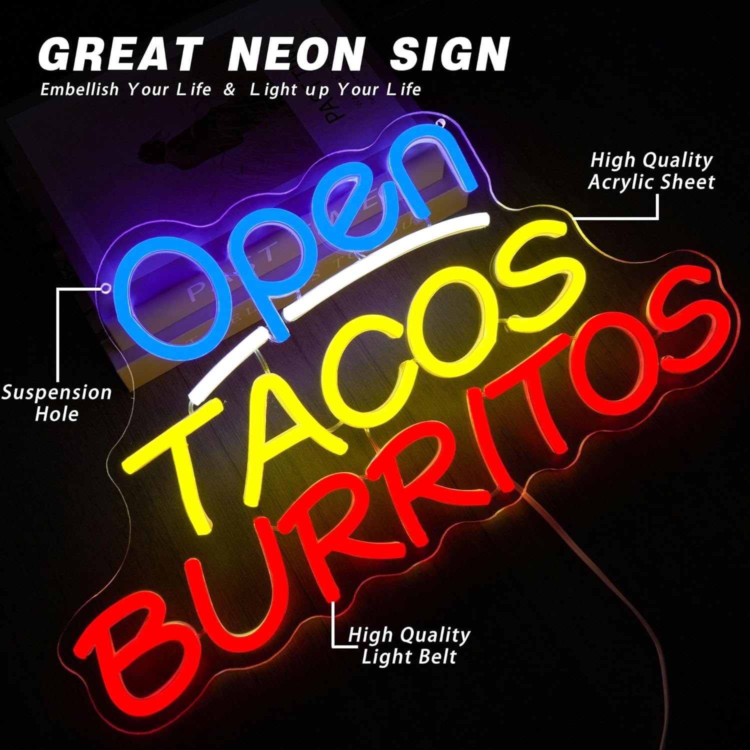 Open Tacos Burritos Neon Sign  - Outdoor Lighting Restaurant recensie en prijs